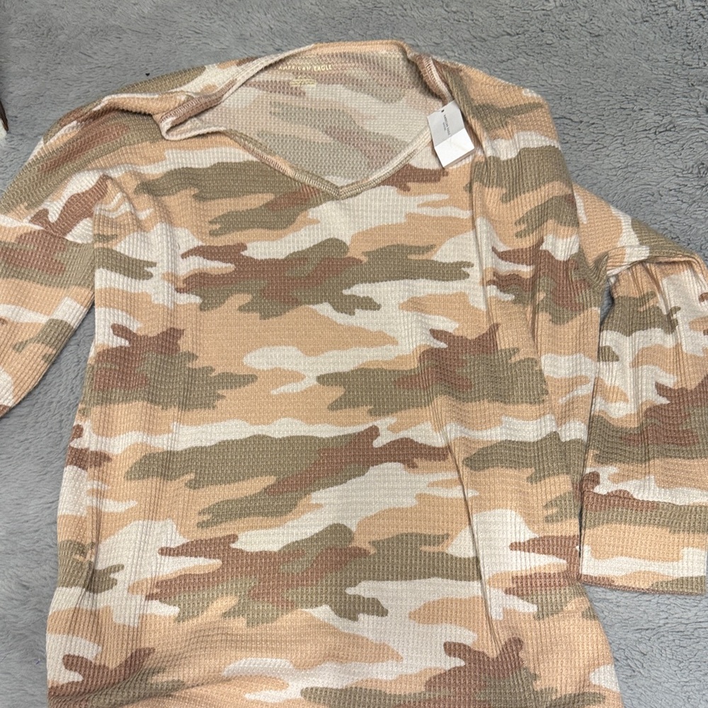 American Eagle Outfitters Beige Camo Waffle Knit Long Sleeve Top